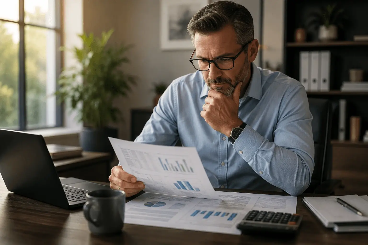 Hospice agency owner reviewing financial reports and budget performance to maintain profitability and compliance
