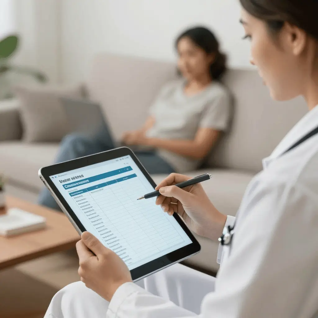 Healthcare professional using AI-assisted technology to review clinical information and support documentation workflows