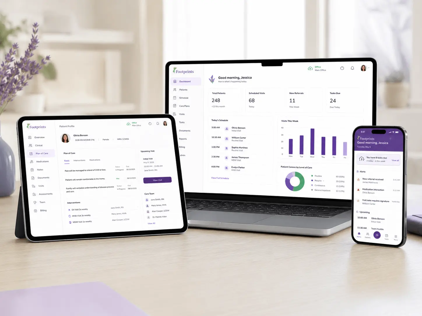 Footprints EMR displayed across laptop, tablet, and mobile devices for connected hospice workflows
