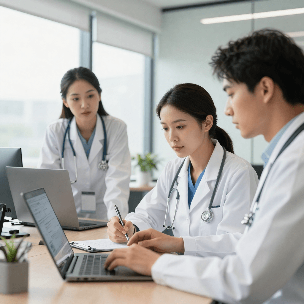 Hospice clinicians and administrators collaborating through a connected EMR platform.