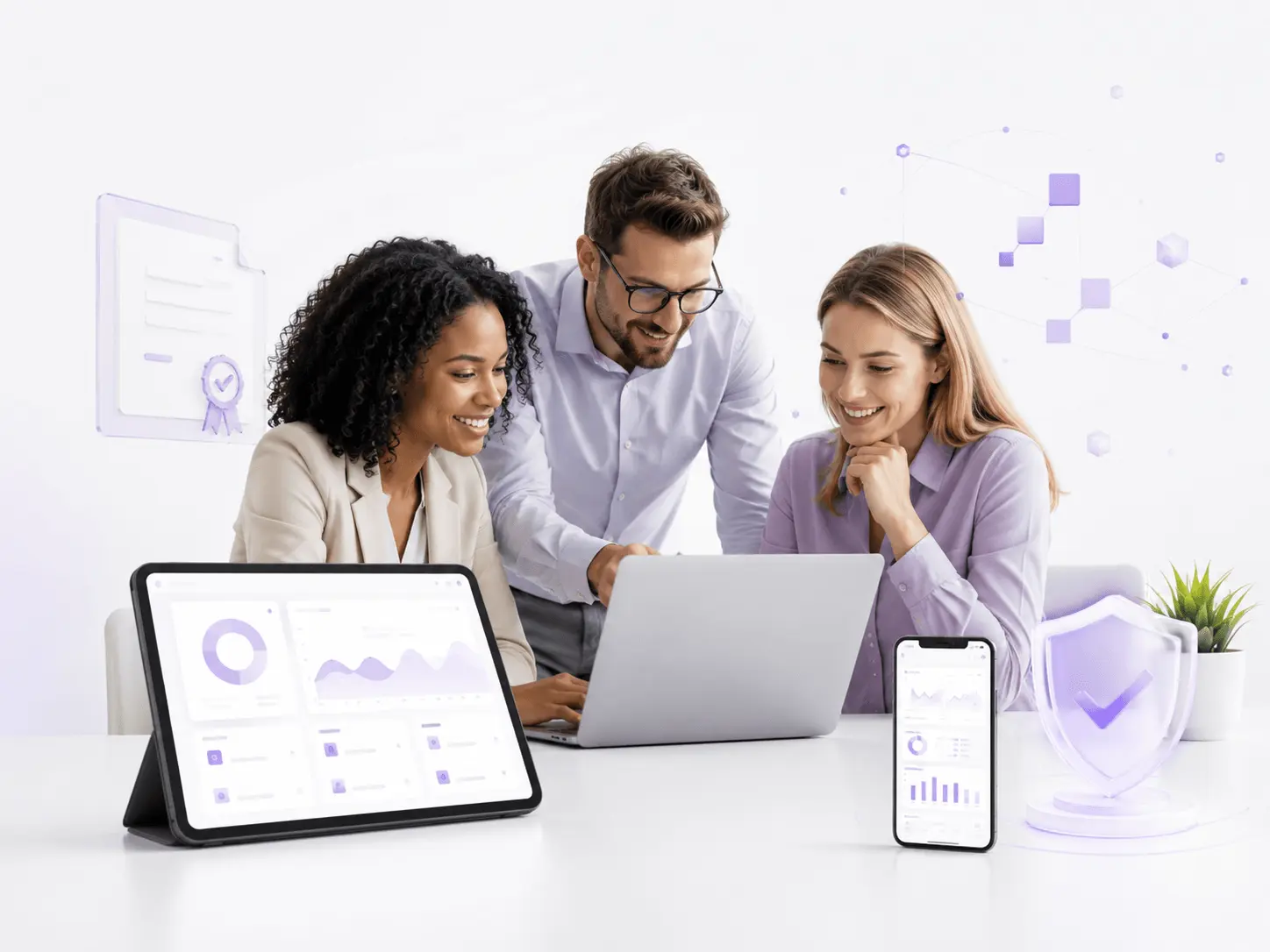 Software experts collaborating on secure custom technology solutions with professional industry specialists