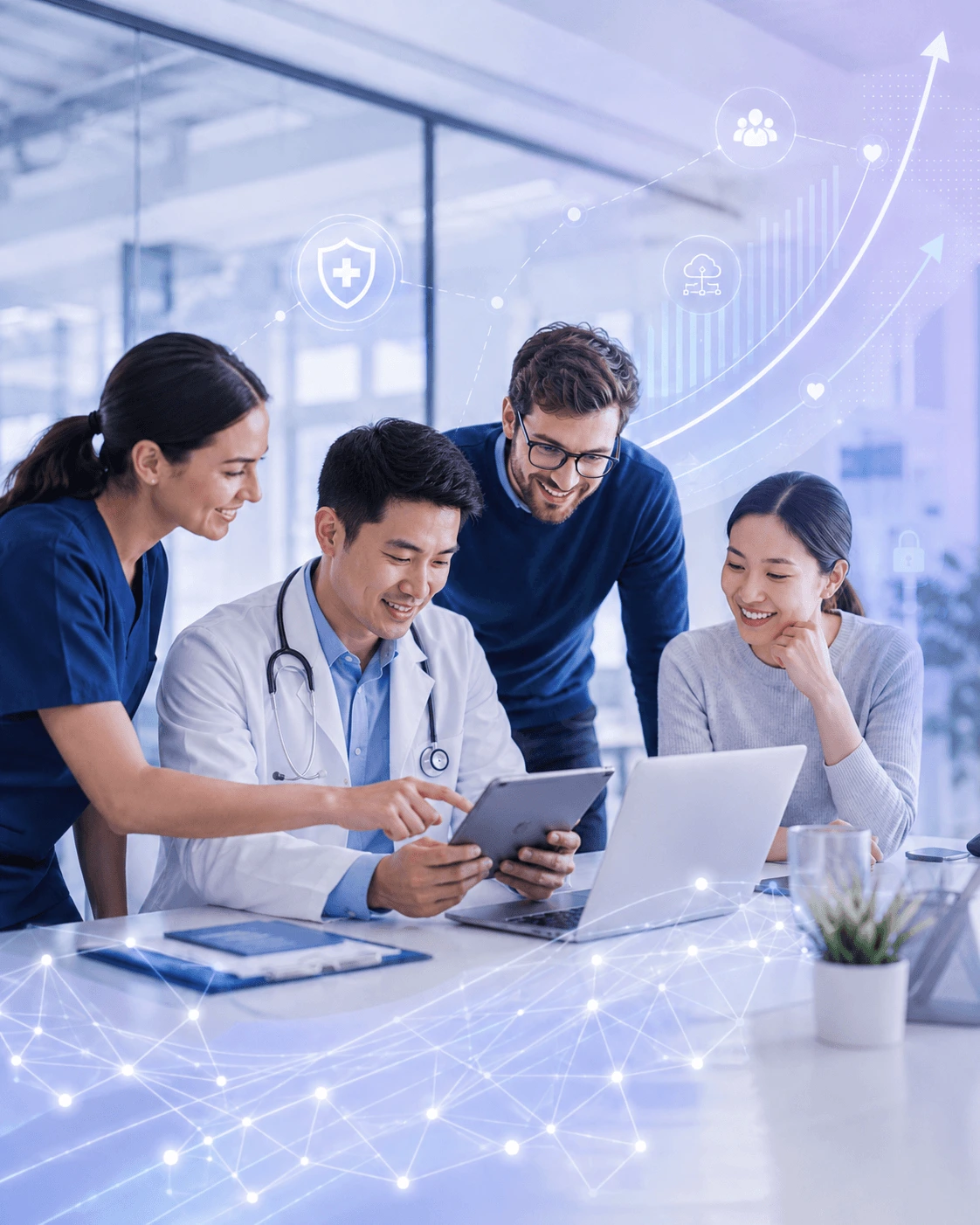 Healthcare and technology professionals reviewing future software improvements for better workflows and efficiency