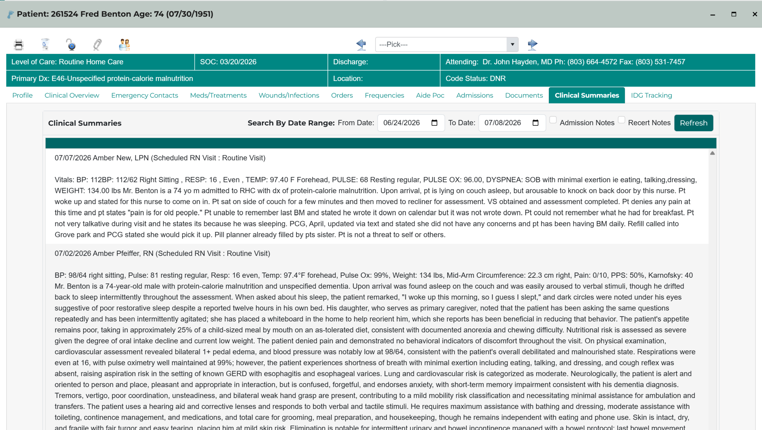 Clinical summaries dashboard in Footprints AI hospice EMR showing structured patient documentation and visit records