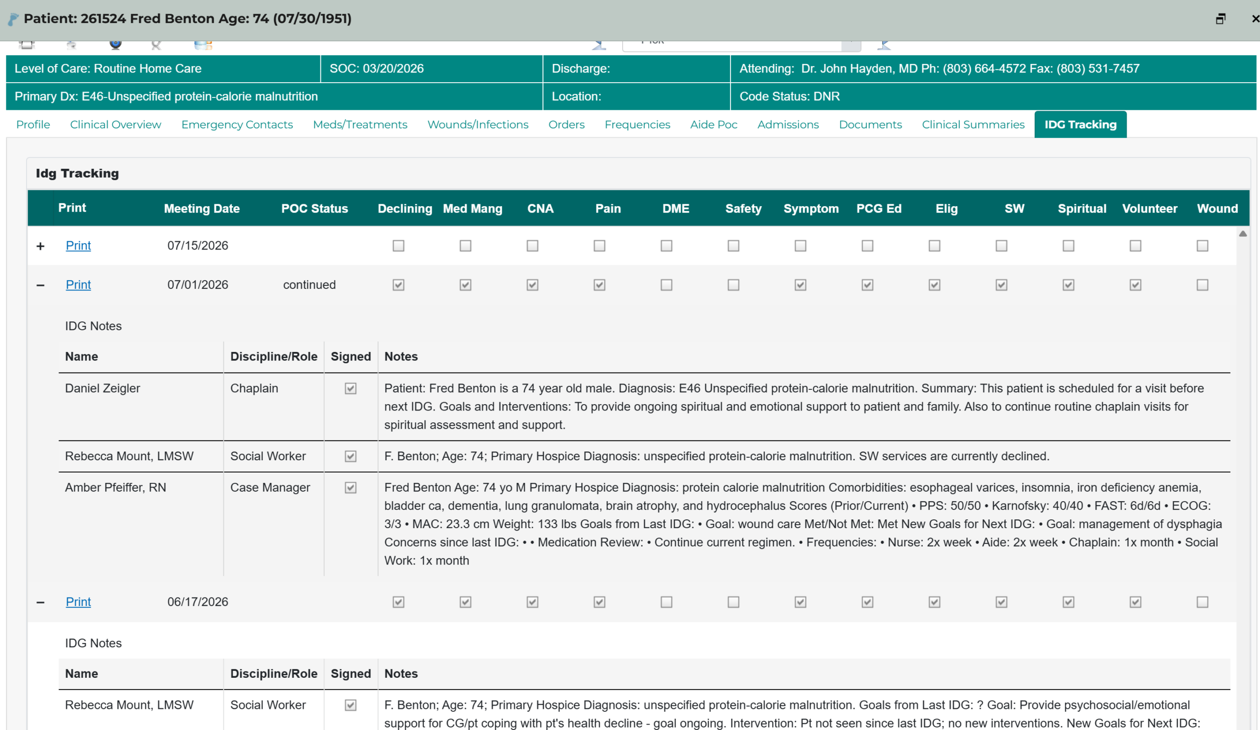 Hospice IDG tracking dashboard connecting interdisciplinary team documentation and follow-up records