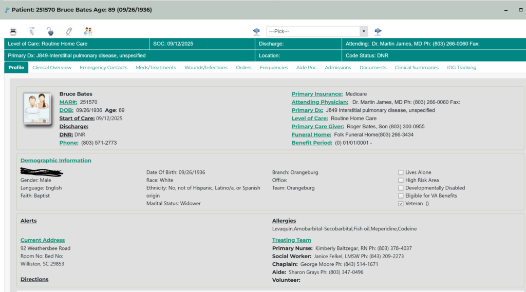 Hospice patient profile within Footprints AI showing complete demographic and clinical documentation